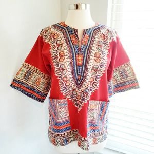 Dashiki Top African Rasta Tunic Red Print Small